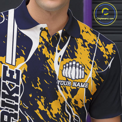 Custom Navy Blue And Yellow Camo Strike Bowling Shirt, Men Bowling League Team Jerseys IPHW10613