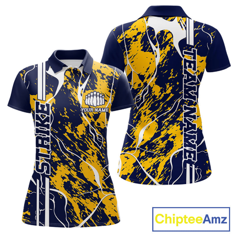 Custom Navy Blue And Yellow Camo Strike Bowling Shirt, Women Bowling League Team Jerseys IPHW10613