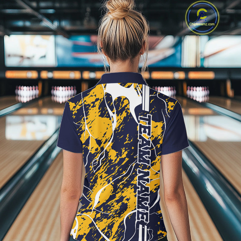 Custom Navy Blue And Yellow Camo Strike Bowling Shirt, Women Bowling League Team Jerseys IPHW10613