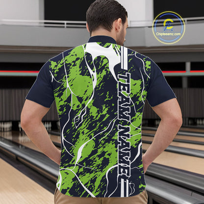 Custom Navy Blue And Green Camo Strike Bowling Shirt, Men Bowling League Team Jerseys IPHW10614