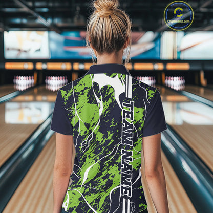 Custom Navy Blue And Green Camo Strike Bowling Shirt, Women Bowling League Team Jerseys IPHW10614