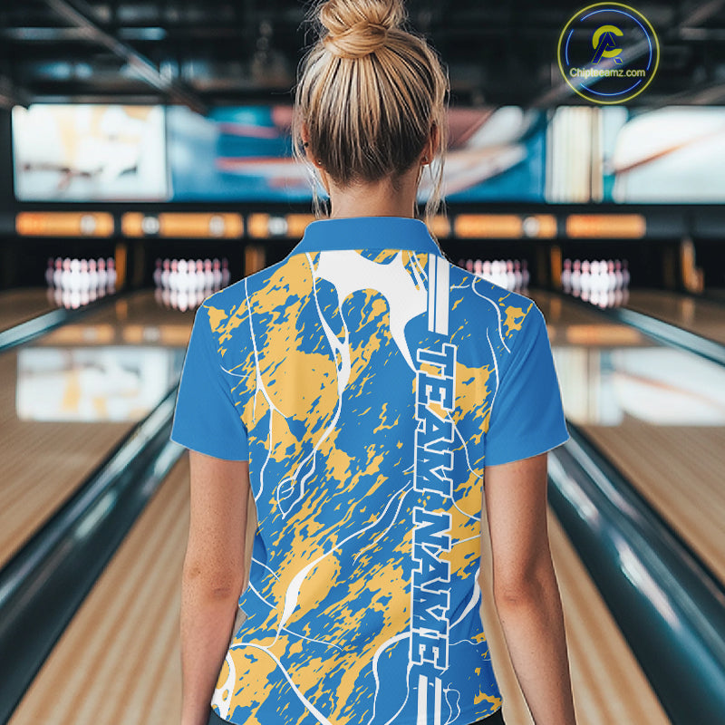 Custom Azure Blue And Yellow Camo Strike Bowling Shirt, Women Bowling League Team Jersey IPHW10615