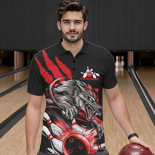 Custom Black And Red Wolf Bowling Men Polo Shirts, Wolf Scratch Bowling Team League Shirt IPHW8719