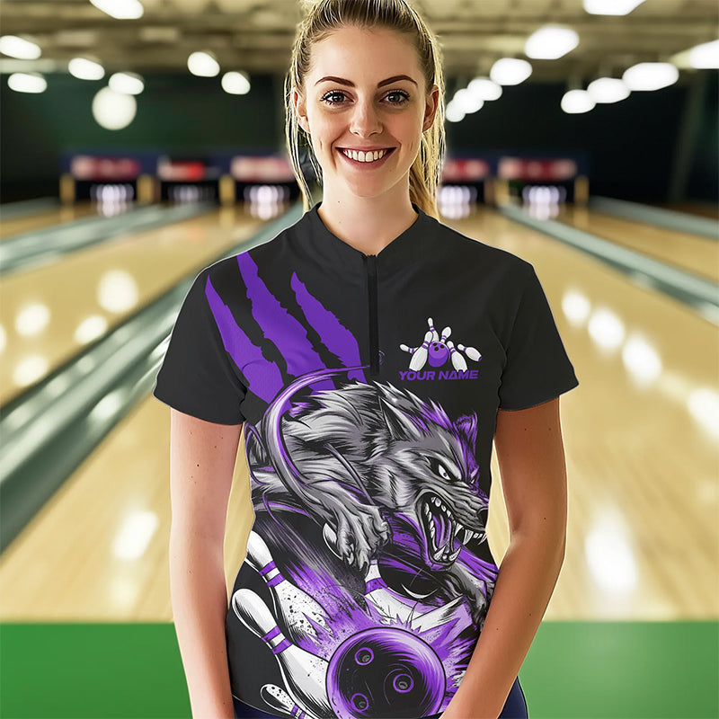 Custom Black And Purple Wolf Bowling Women Quarter-Zip Shirt, Wolf Scratch Bowling Shirt IPHW8721