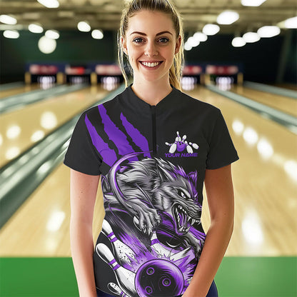 Custom Black And Purple Wolf Bowling Women Quarter-Zip Shirt, Wolf Scratch Bowling Shirt IPHW8721