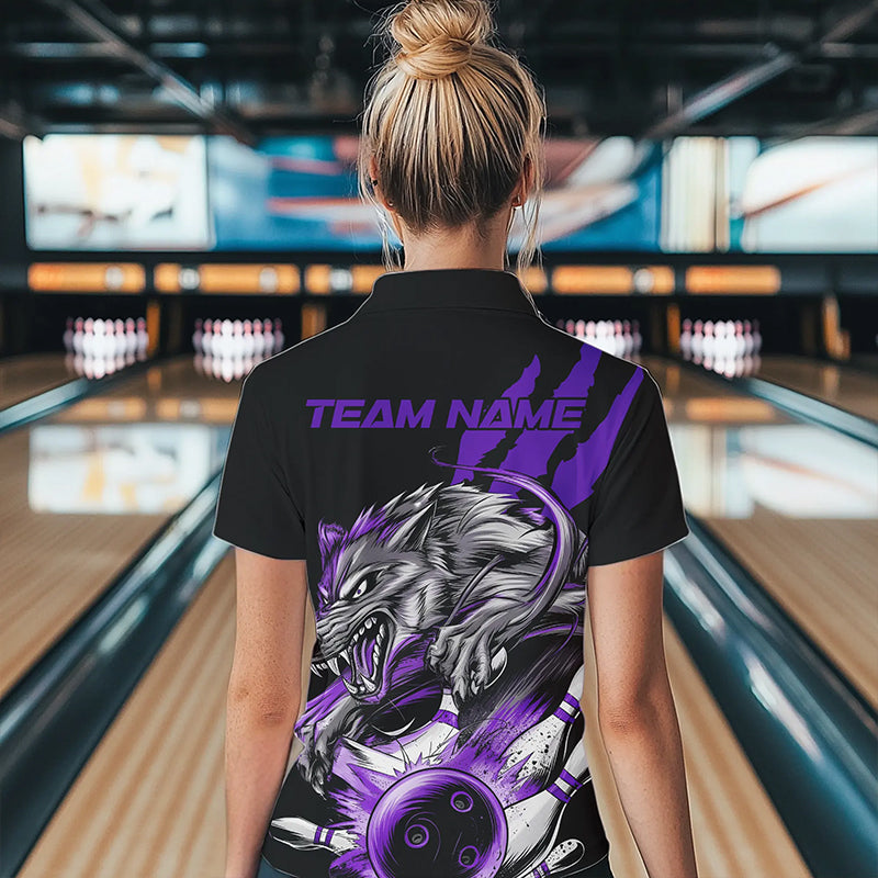 Custom Black And Purple Wolf Bowling Women Quarter-Zip Shirt, Wolf Scratch Bowling Shirt IPHW8721