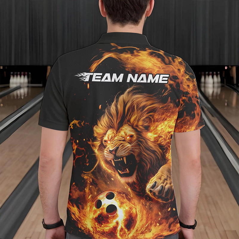 Custom Fire Flame Lion Bowling Team Men Polo Shirts, Lion Bowling League Shirt IPHW8976
