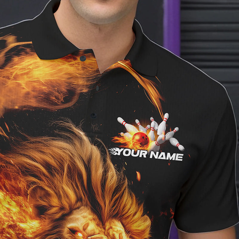 Custom Fire Flame Lion Bowling Team Men Polo Shirts, Lion Bowling League Shirt IPHW8976