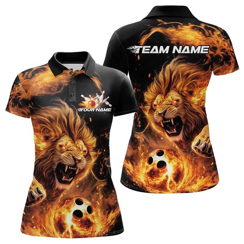 Custom Fire Flame Lion Bowling Team Women Polo Shirts, Lion Bowling League Shirt IPHW8976