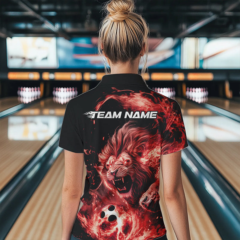 Custom Red Flame Lion Bowling Team Women Quarter-Zip Shirts, Lion Bowling League Shirt IPHW8977