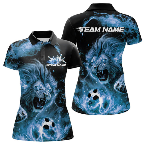 Custom Blue Flame Lion Bowling Team Women Polo Shirts, Lion Bowling League Shirt IPHW8978