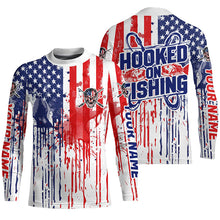 Load image into Gallery viewer, Hooked On Fishing Custom Skull Fishing Shirts, American Flag Patriotic Long Sleeve Fishing Shirt IPHW7032