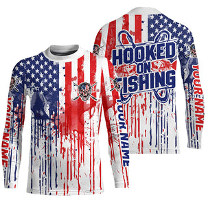 Hooked On Fishing Custom Skull Fishing Shirts, American Flag Patriotic Long Sleeve Fishing Shirt IPHW7032