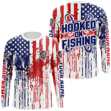 Load image into Gallery viewer, Hooked On Fishing Custom Skull Fishing Shirts, American Flag Patriotic Long Sleeve Fishing Shirt IPHW7032