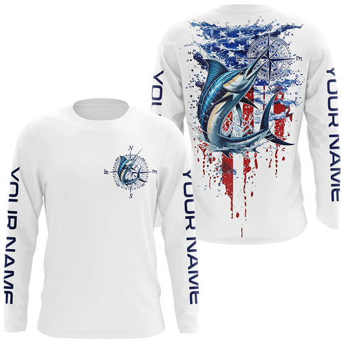 American Flag Marlin Fishing Custom Long Sleeve Fishing Shirts, Patriotic Saltwater Fishing Shirt IPHW7039