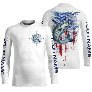 American Flag Striped Bass Fishing Custom Long Sleeve Shirts, Patriotic Saltwater Fishing Shirt IPHW7040