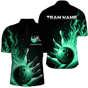 Personalized Green Flame Bowling Polo Shirts For Men Bowling Team Jerseys Strike Bowling IPHW7289