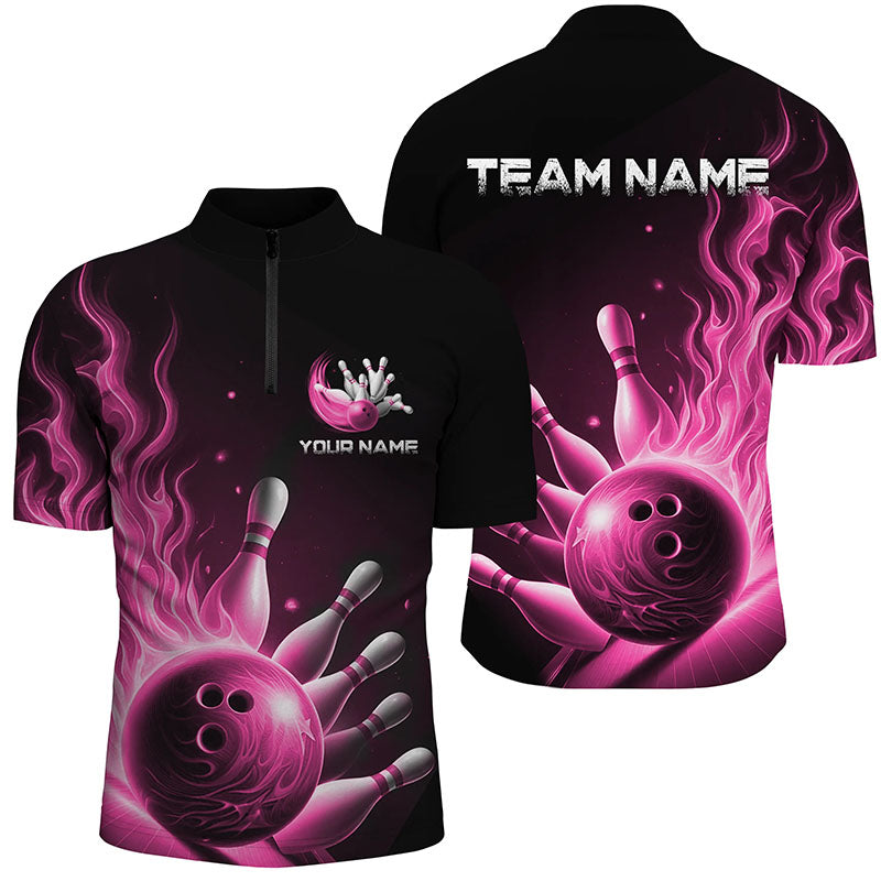 Personalized Pink Flame Bowling Polo Shirts For Men Bowling Team Jerseys Strike Bowling IPHW7291