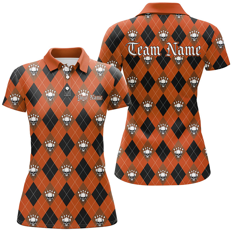 Black And Orange Argyle Pattern Custom Skull Ladies Bowling Shirt, Halloween Outfit Bowling IPHW7300