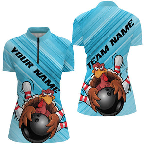 Blue Custom Funny Turkey Bowling Shirts For Women, Thanksgiving Bowling Shirt Team Uniform IPHW7584