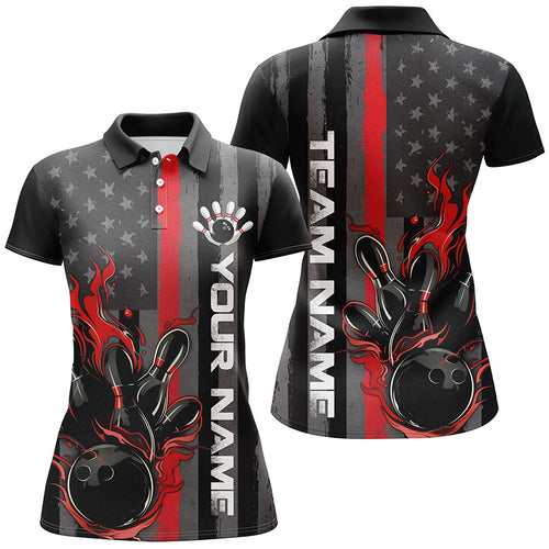 Red Line American Flag Custom Patriotic Flame Ladies Bowling Shirts, Firefighter Bowling IPHW7592