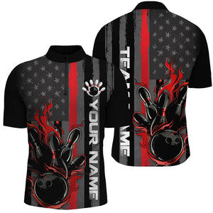 Red Line American Flag Custom Patriotic Flame Bowling Shirts For Men, Firefighter Bowling Shirt IPHW7592