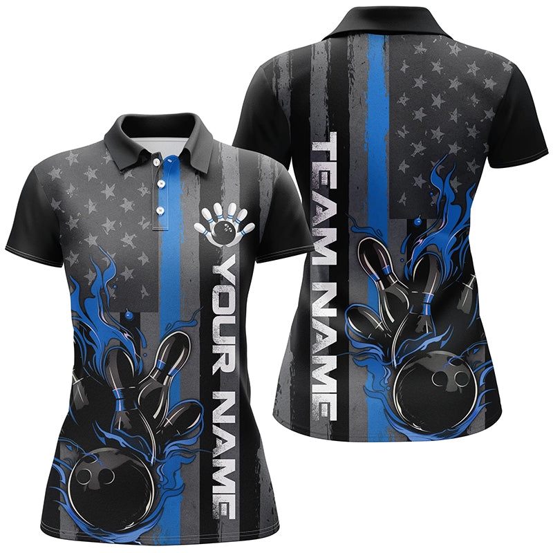 Blue Line American Flag Custom Patriotic Flame Ladies Bowling Shirts, Support Bowling Shirt IPHW7593