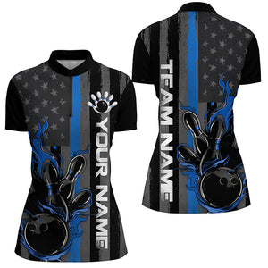 Blue Line American Flag Custom Patriotic Flame Ladies Bowling Shirts, Support Bowling Shirt IPHW7593