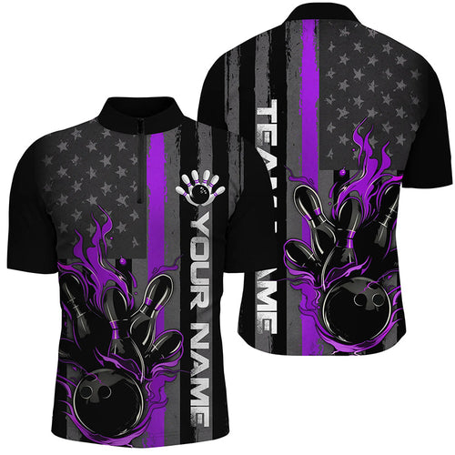 Purple Line American Flag Custom Patriotic Flame Bowling Shirts For Men, Support Bowling Shirt IPHW7594