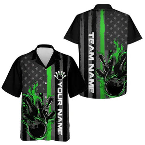 Green Line American Flag Custom Patriotic Flame Bowling Men Hawaiian Shirts, Support Bowling Shirt IPHW7595