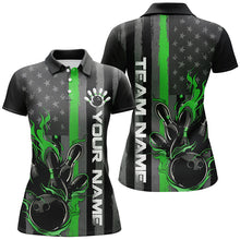 Load image into Gallery viewer, Green Line American Flag Custom Patriotic Flame Ladies Bowling Shirts, Support Bowling Shirt IPHW7595