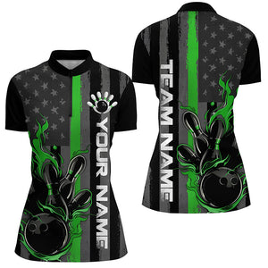 Green Line American Flag Custom Patriotic Flame Ladies Bowling Shirts, Support Bowling Shirt IPHW7595