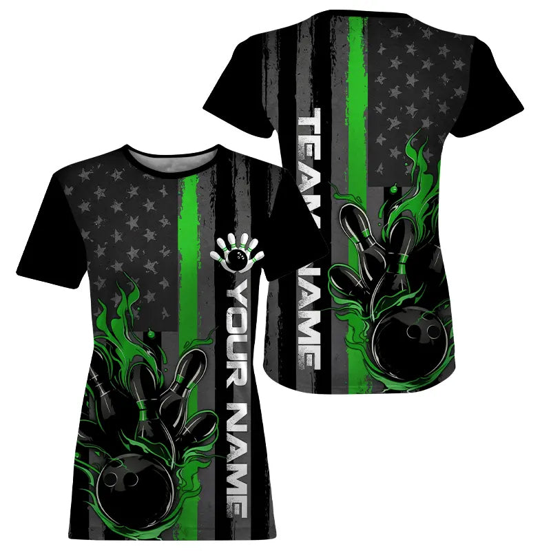 Green Line American Flag Custom Patriotic Flame Bowling Women T-Shirts Shirts, Support Bowling IPHW7595