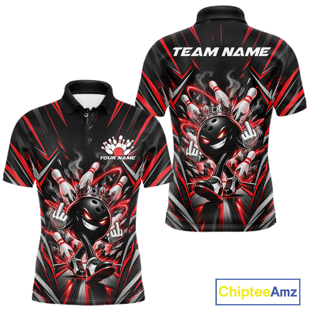 Custom Black And Red Funny Bowling Ball With Crown Bowling Team Men Polo Shirt IPHW12326