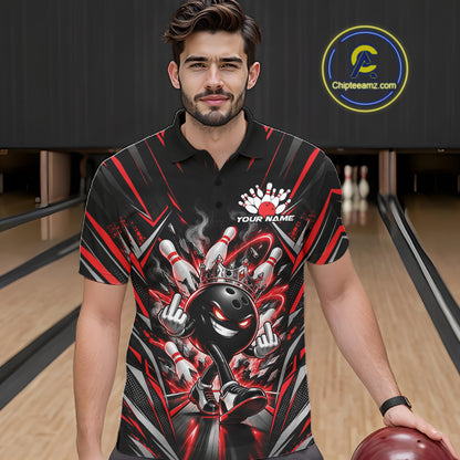 Custom Black And Red Funny Bowling Ball With Crown Bowling Team Men Polo Shirt IPHW12326