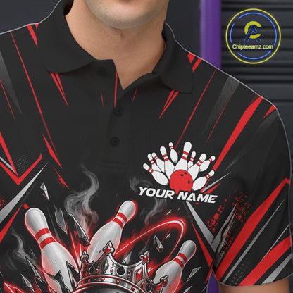 Custom Black And Red Funny Bowling Ball With Crown Bowling Team Men Polo Shirt IPHW12326