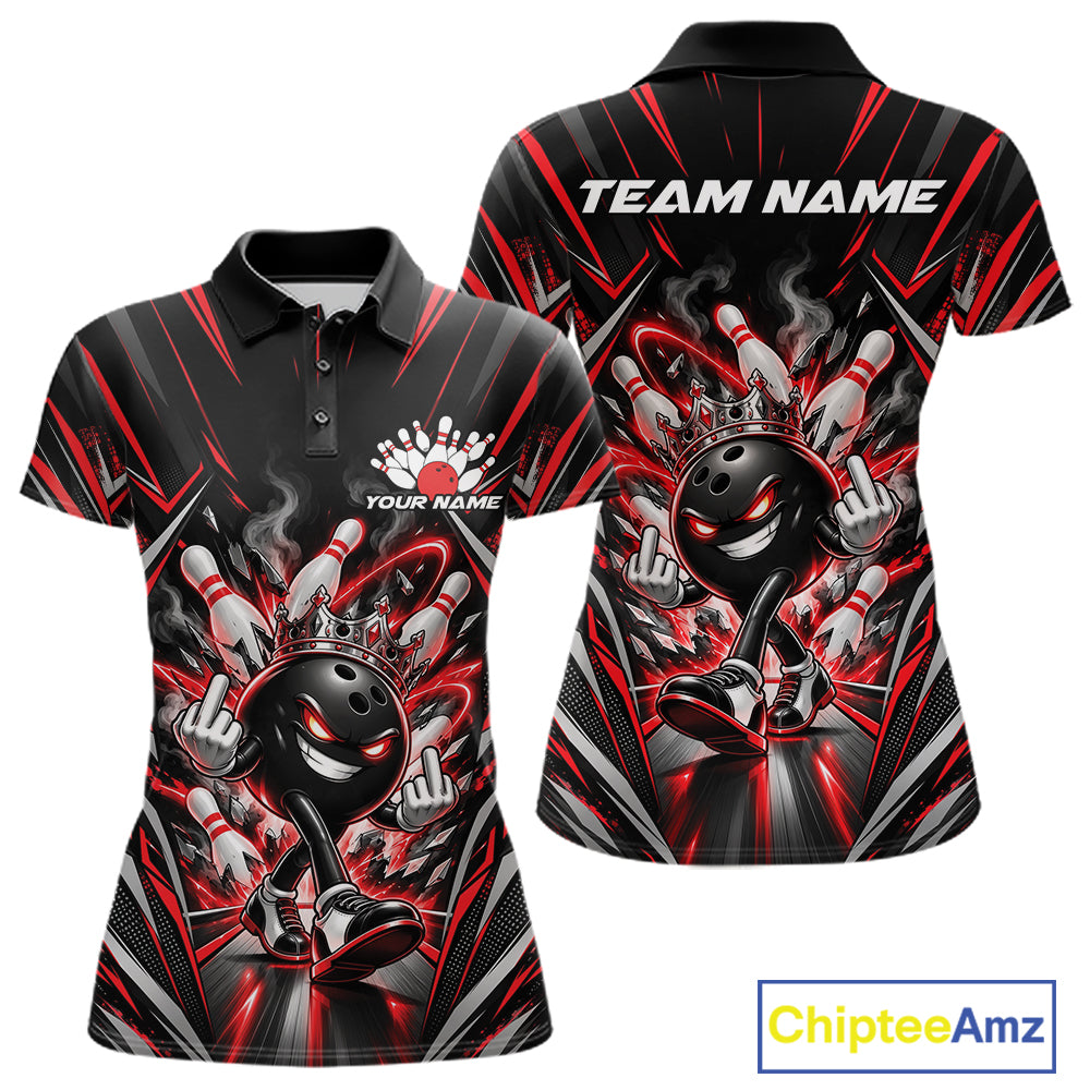 Custom Black And Red Funny Bowling Ball With Crown Bowling Team Women Polo Shirt IPHW12326