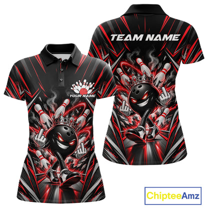Custom Black And Red Funny Bowling Ball With Crown Bowling Team Women Polo Shirt IPHW12326