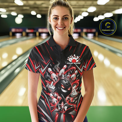 Custom Black And Red Funny Bowling Ball With Crown Bowling Team Women Polo Shirt IPHW12326