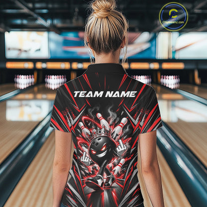 Custom Black And Red Funny Bowling Ball With Crown Bowling Team Women Polo Shirt IPHW12326