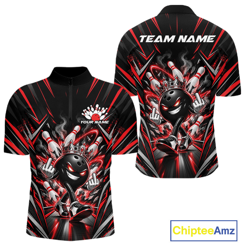 Custom Black And Red Funny Bowling Ball With Crown Bowling Team Men Quarter Zip Shirt IPHW12326