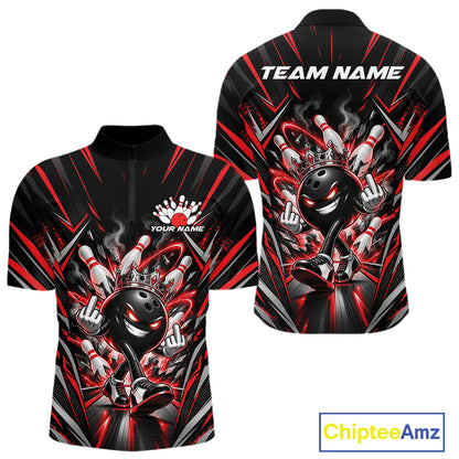 Custom Black And Red Funny Bowling Ball With Crown Bowling Team Men Quarter Zip Shirt IPHW12326