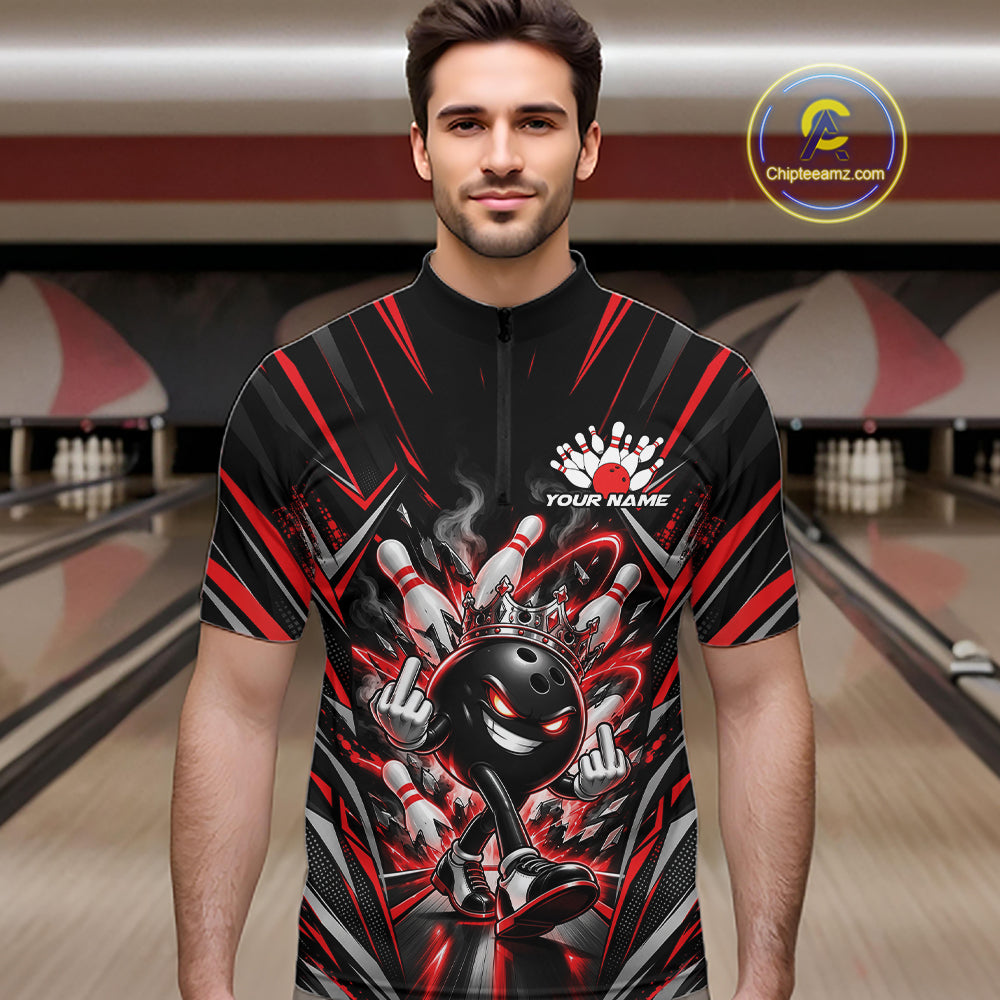 Custom Black And Red Funny Bowling Ball With Crown Bowling Team Men Quarter Zip Shirt IPHW12326