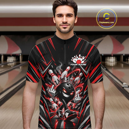 Custom Black And Red Funny Bowling Ball With Crown Bowling Team Men Quarter Zip Shirt IPHW12326