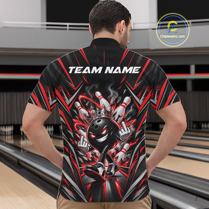 Custom Black And Red Funny Bowling Ball With Crown Bowling Team Men Quarter Zip Shirt IPHW12326