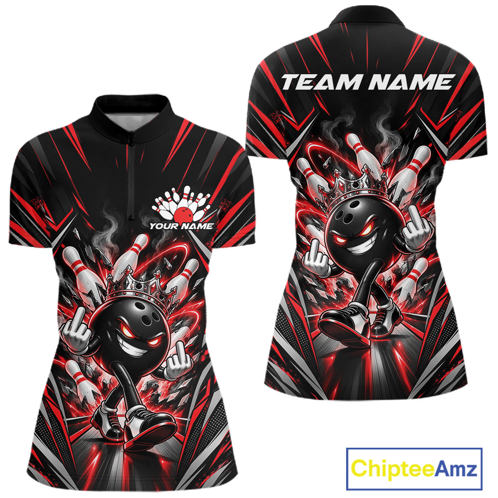 Custom Black And Red Funny Bowling Ball With Crown Bowling Team Women Quarter-Zip Shirt IPHW12326