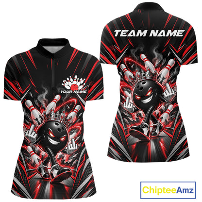 Custom Black And Red Funny Bowling Ball With Crown Bowling Team Women Quarter-Zip Shirt IPHW12326
