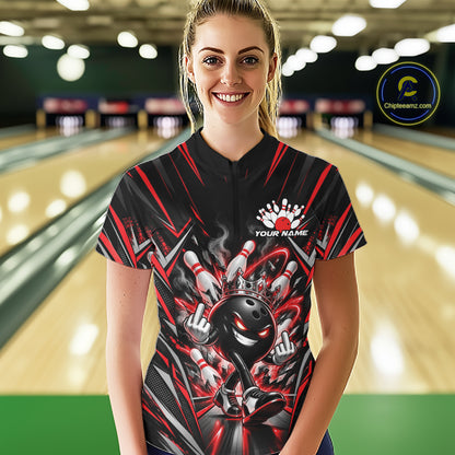 Custom Black And Red Funny Bowling Ball With Crown Bowling Team Women Quarter-Zip Shirt IPHW12326