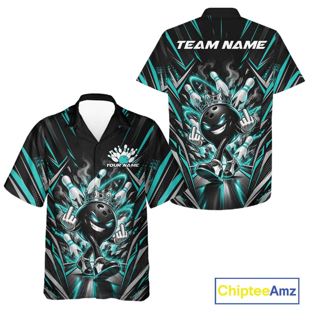 Custom Black And Turquoise Blue Funny Bowling Ball With Crown Bowling Team Men And Women Button Up Shirt IPHW12327