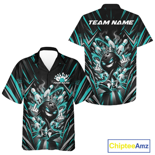 Custom Black And Turquoise Blue Funny Bowling Ball With Crown Bowling Team Men And Women Button Up Shirt IPHW12327